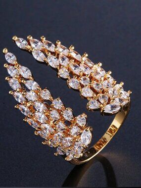 NEW 14K GOLD PLATED MICRO PAVED CZ RESIZABLE FEATHER ANGEL WING RING, WAAL1319